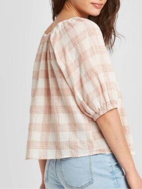 Universal Thread Plaid Peasant Blouse Pink Neutral Cream Puff Sleeve Top Size L